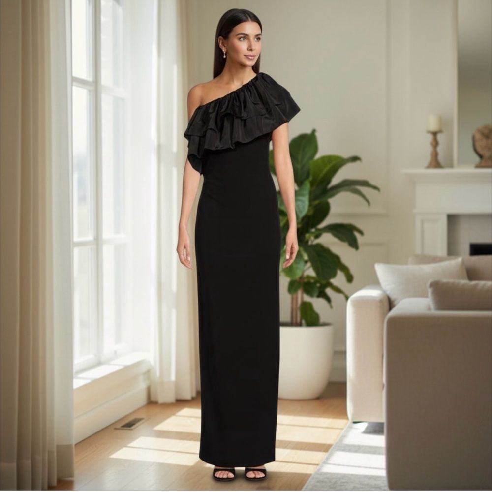 🟢 Belle Badgley Mischka Laura Black Ruffle One shoulder Column Gown with Slit